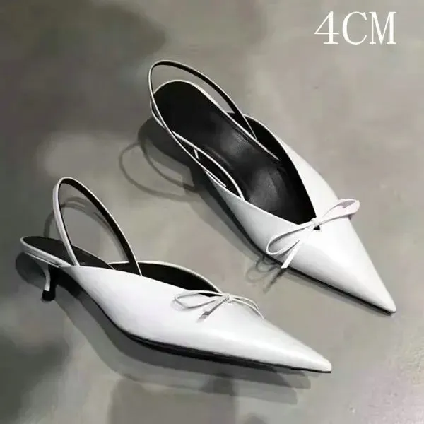 TAVIMART  -  Super Hot Pointy Bow V-Top Skinny Heel Bun Towing Summer Muller Shoes Fashion Leather Low Heel Pumps