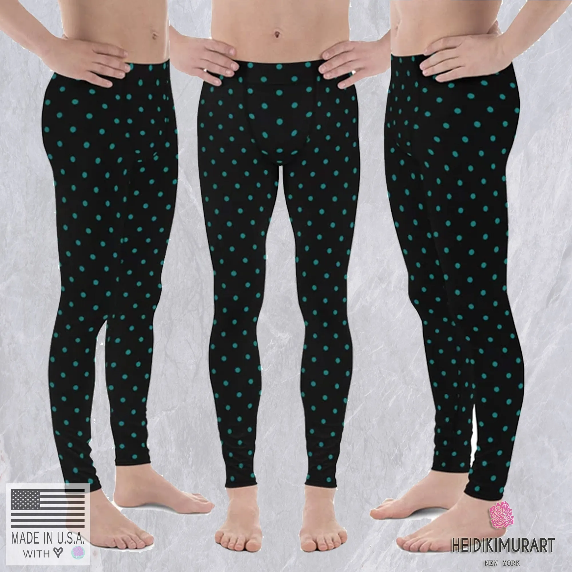 Teal Blue Polka Dots Print Black Premium Men's Leggings Long Rave Tights-Made in USA/EU