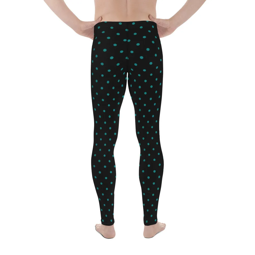 Teal Blue Polka Dots Print Black Premium Men's Leggings Long Rave Tights-Made in USA/EU