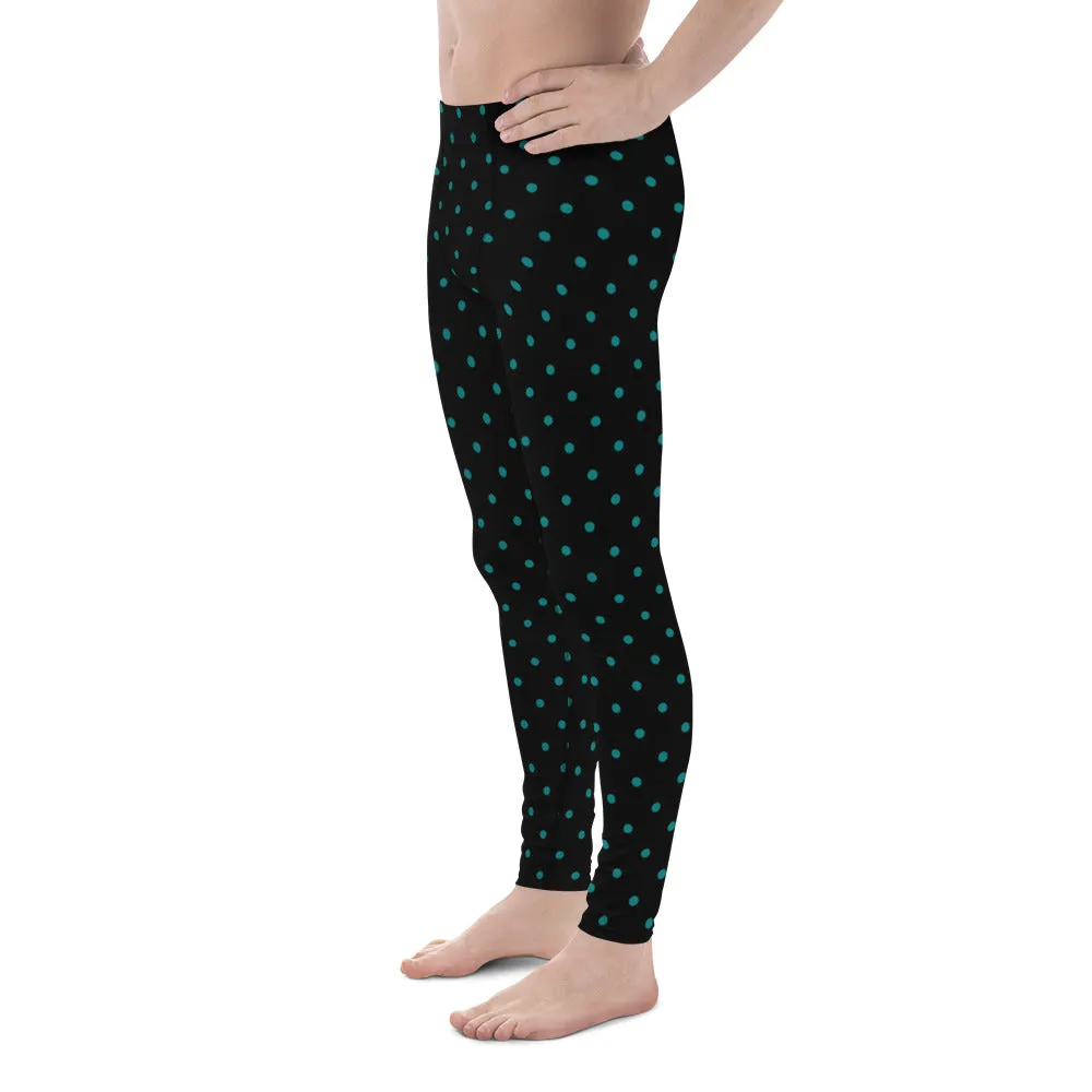 Teal Blue Polka Dots Print Black Premium Men's Leggings Long Rave Tights-Made in USA/EU