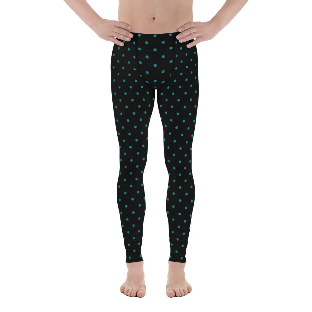 Teal Blue Polka Dots Print Black Premium Men's Leggings Long Rave Tights-Made in USA/EU