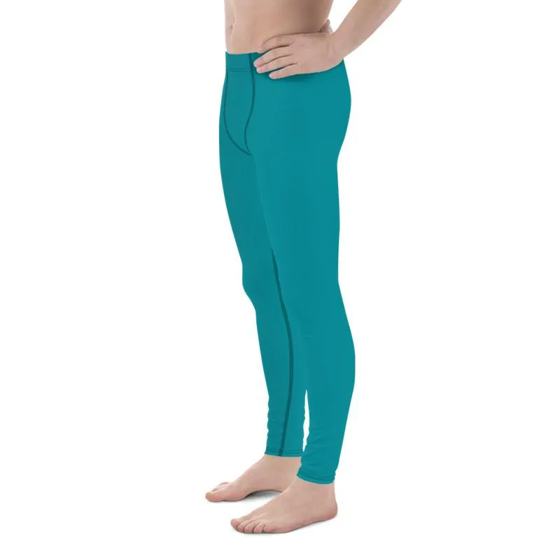 Teal Blue Solid Color Meggings, Teal Blue Solid Color Best Compression Men Tights Men's Leggings-Made in USA/EU