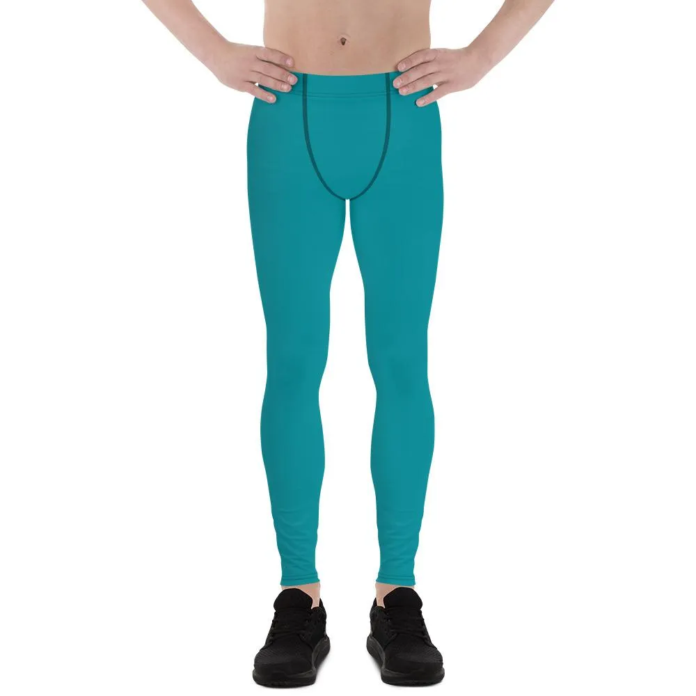 Teal Blue Solid Color Meggings, Teal Blue Solid Color Best Compression Men Tights Men's Leggings-Made in USA/EU