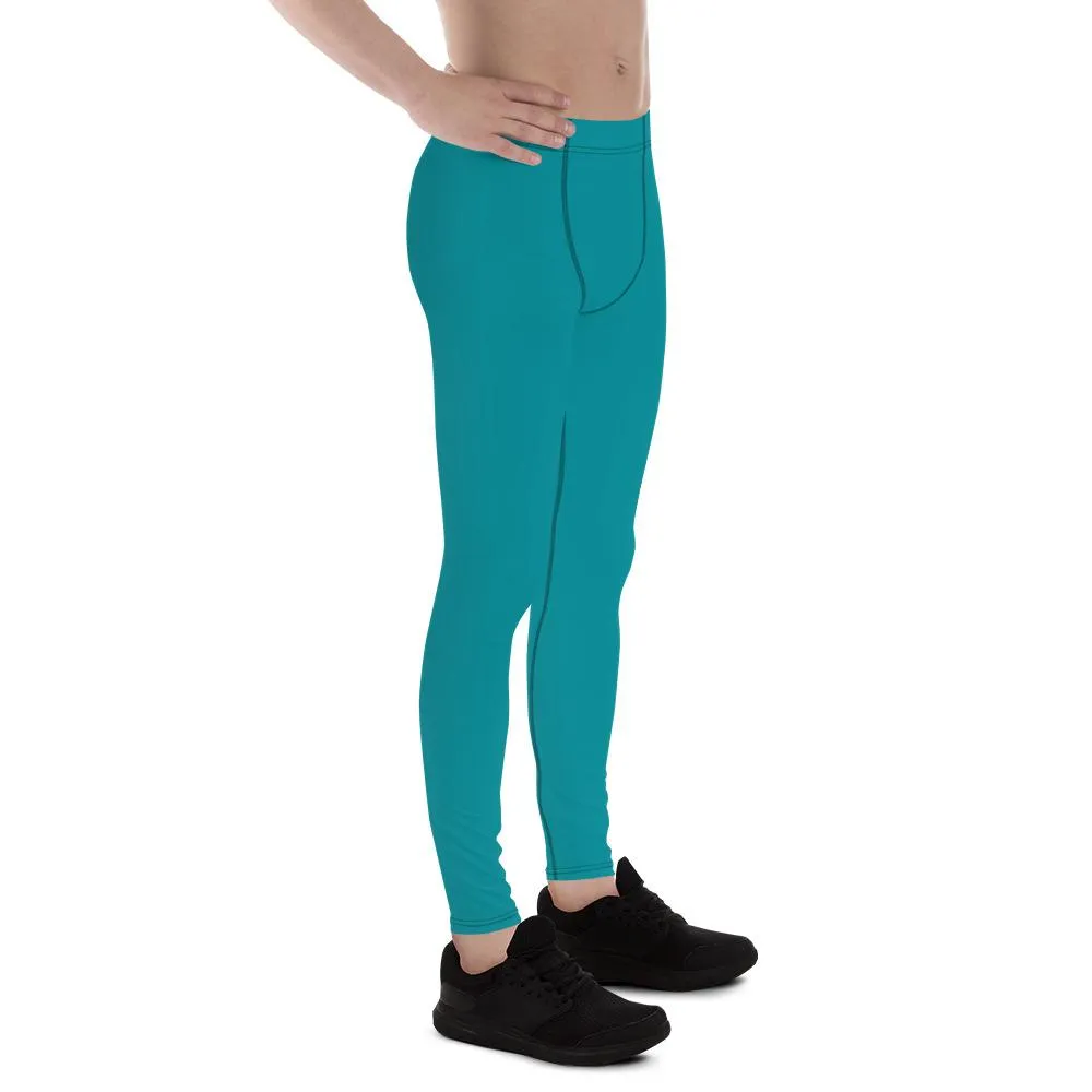 Teal Blue Solid Color Meggings, Teal Blue Solid Color Best Compression Men Tights Men's Leggings-Made in USA/EU