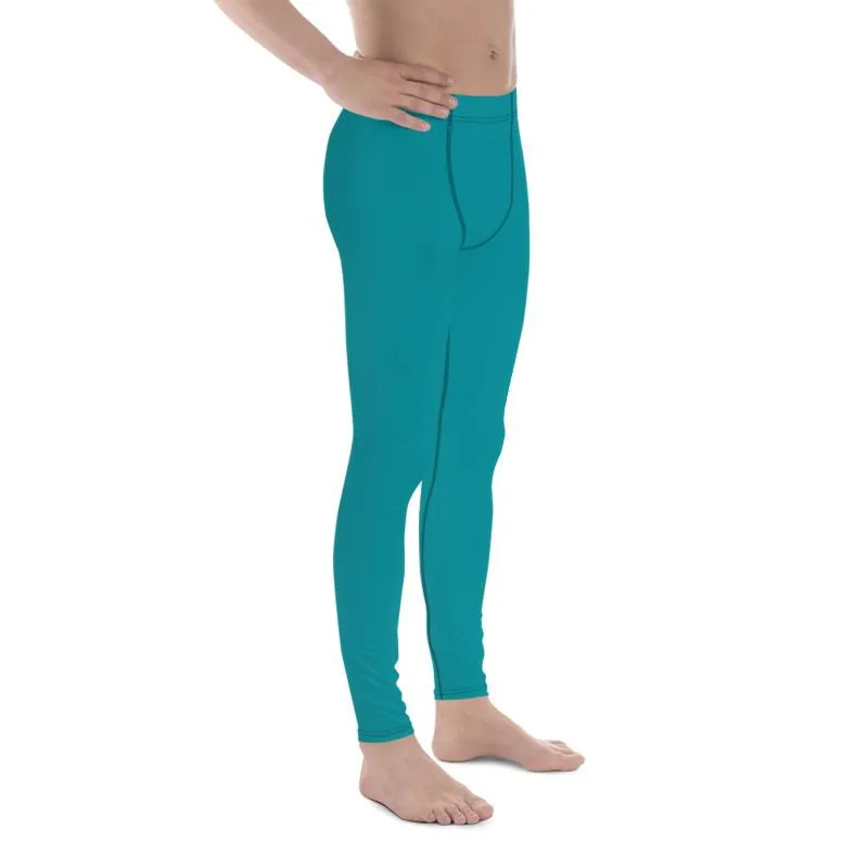 Teal Blue Solid Color Meggings, Teal Blue Solid Color Best Compression Men Tights Men's Leggings-Made in USA/EU