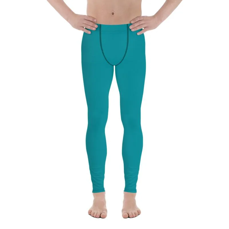 Teal Blue Solid Color Meggings, Teal Blue Solid Color Best Compression Men Tights Men's Leggings-Made in USA/EU