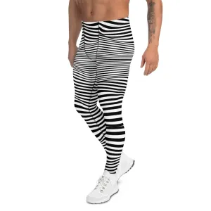 White Black Meshed Men's Leggings, Striped Premium Meggings Compression Running Tights-Made in USA/EU/MX