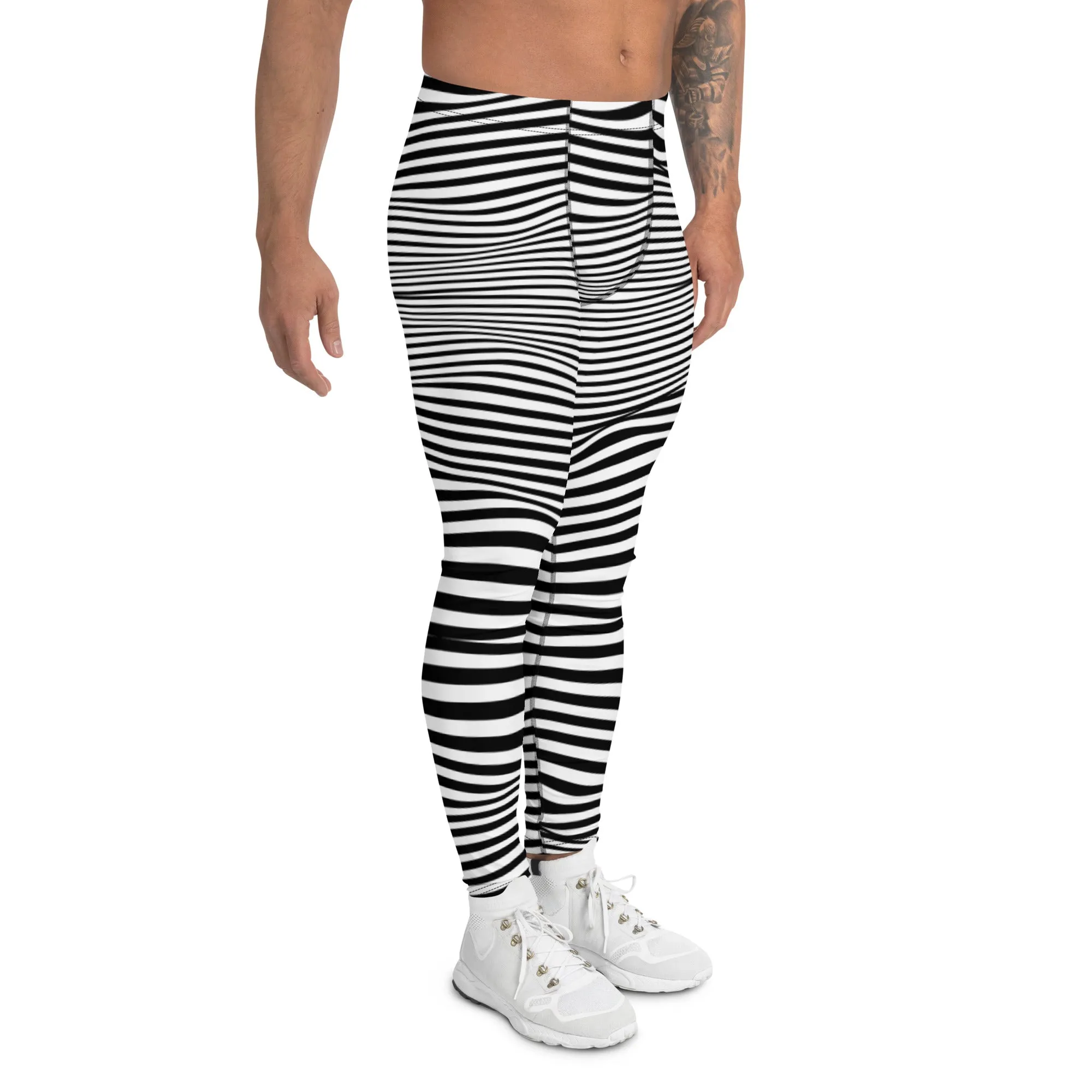 White Black Meshed Men's Leggings, Striped Premium Meggings Compression Running Tights-Made in USA/EU/MX