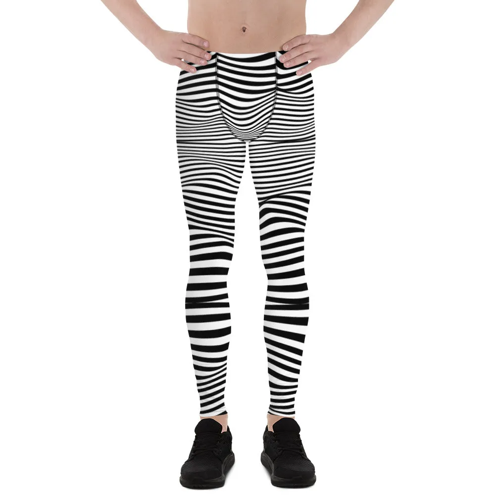 White Black Meshed Men's Leggings, Striped Premium Meggings Compression Running Tights-Made in USA/EU/MX