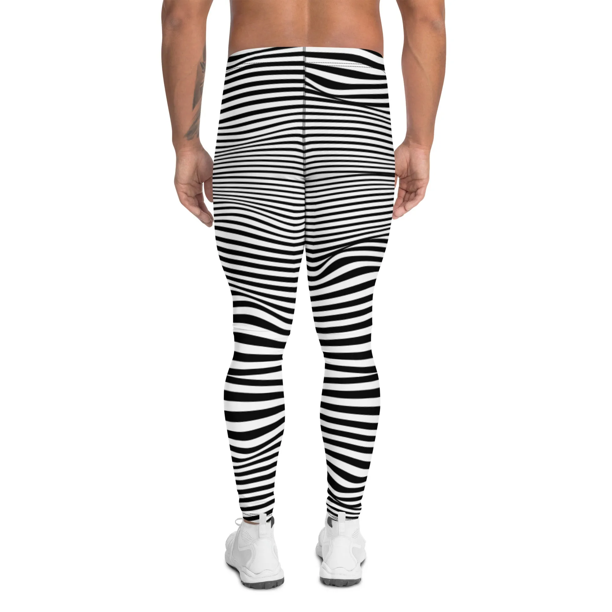 White Black Meshed Men's Leggings, Striped Premium Meggings Compression Running Tights-Made in USA/EU/MX