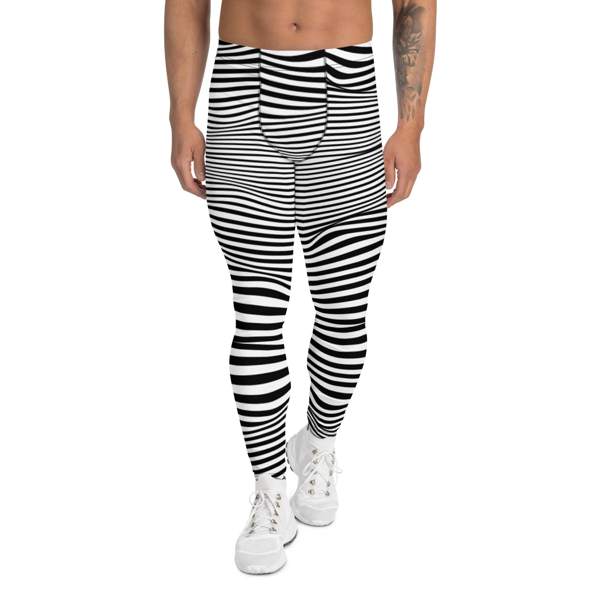 White Black Meshed Men's Leggings, Striped Premium Meggings Compression Running Tights-Made in USA/EU/MX