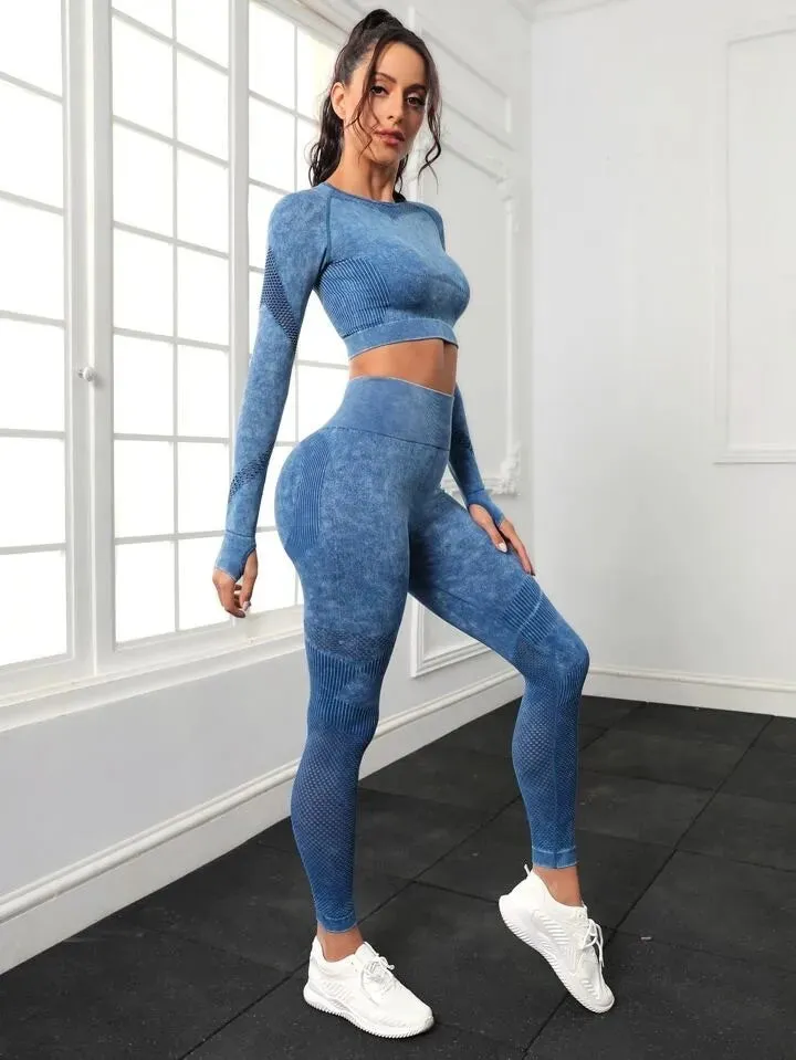 Women's Long Sleeve Crop Top and Fitness Yoga Pants Two-piece Set