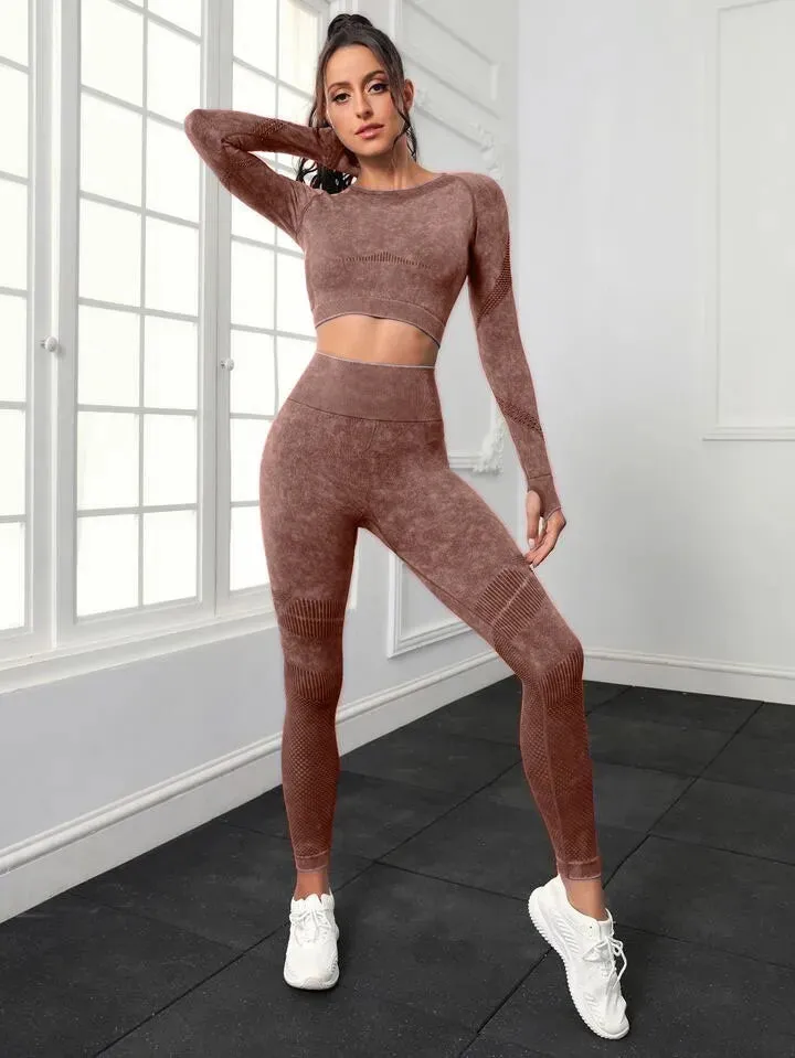 Women's Long Sleeve Crop Top and Fitness Yoga Pants Two-piece Set