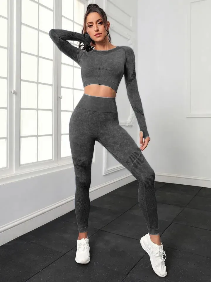 Women's Long Sleeve Crop Top and Fitness Yoga Pants Two-piece Set