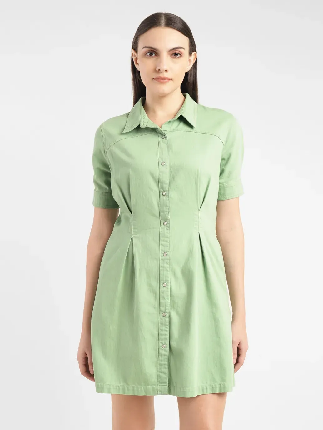 Women's Solid Green Spread Collar Dress