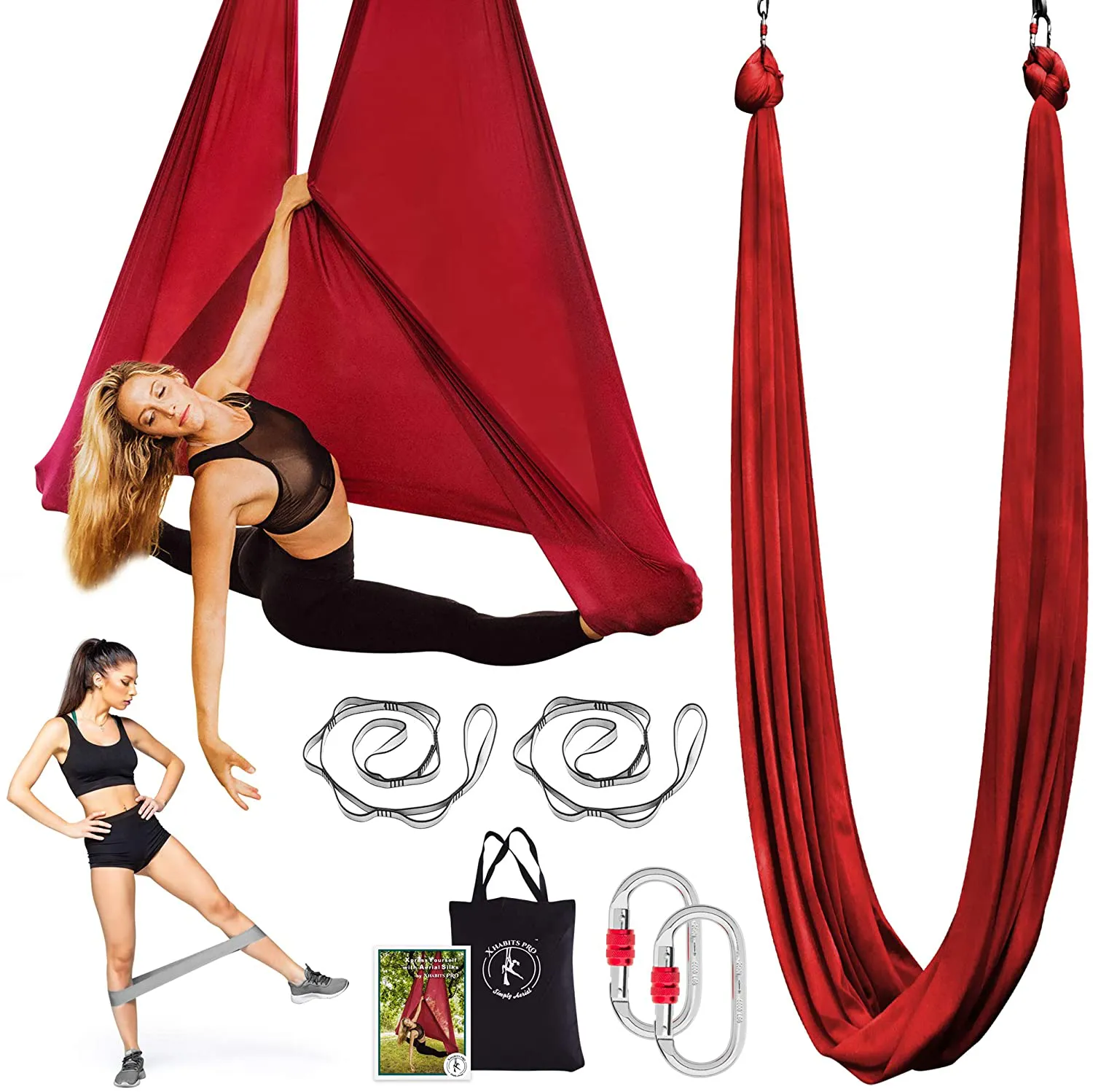 X Habits Pro Premium Aerial Yoga Hammock - Aerial Yoga Swing Set - Antigravity Aerial Silks - Flying Yoga Sling Inversion Equipment - Hardware Included, Resistance Band, Manual and Tote Bag