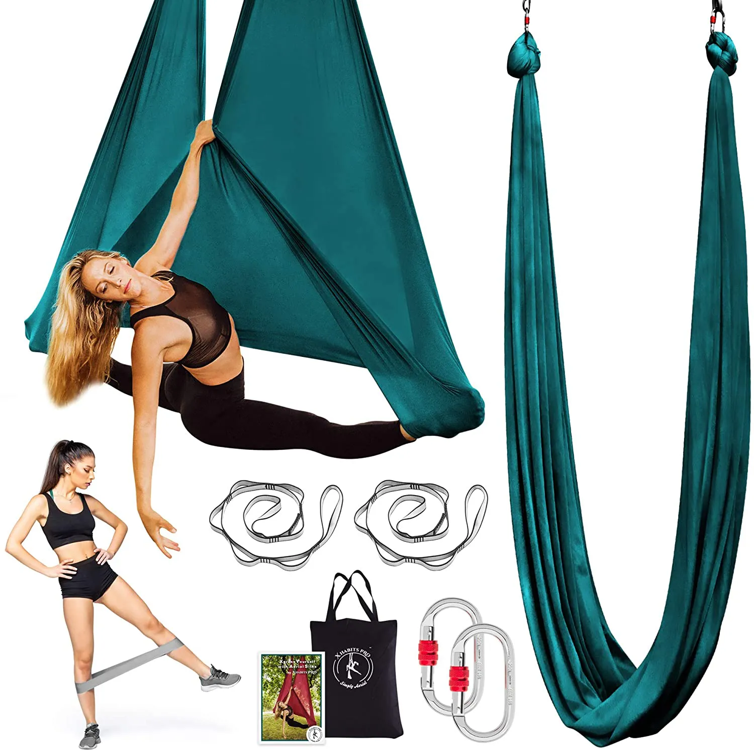 X Habits Pro Premium Aerial Yoga Hammock - Aerial Yoga Swing Set - Antigravity Aerial Silks - Flying Yoga Sling Inversion Equipment - Hardware Included, Resistance Band, Manual and Tote Bag