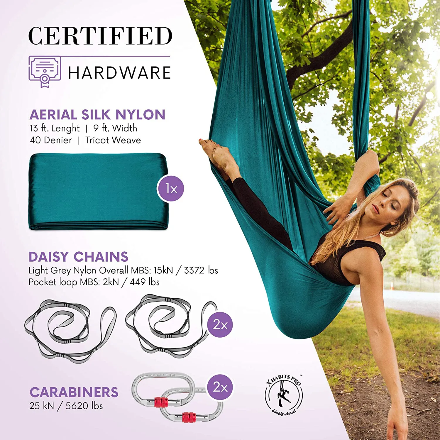 X Habits Pro Premium Aerial Yoga Hammock - Aerial Yoga Swing Set - Antigravity Aerial Silks - Flying Yoga Sling Inversion Equipment - Hardware Included, Resistance Band, Manual and Tote Bag